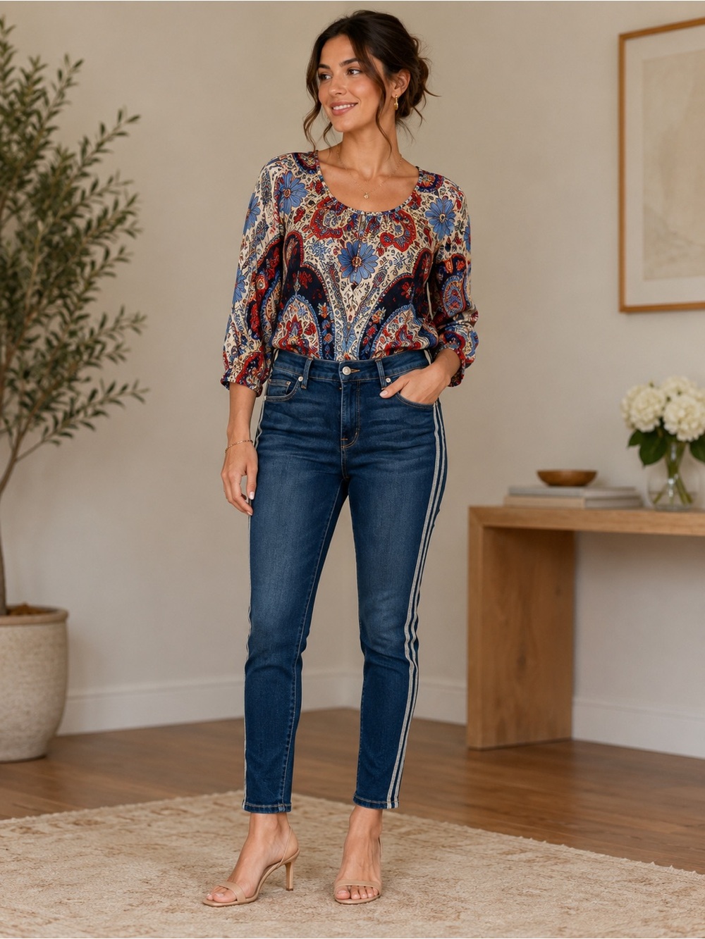 INC International Concepts Paisley Scoop Neck Top — Navy, Red & Light Blue